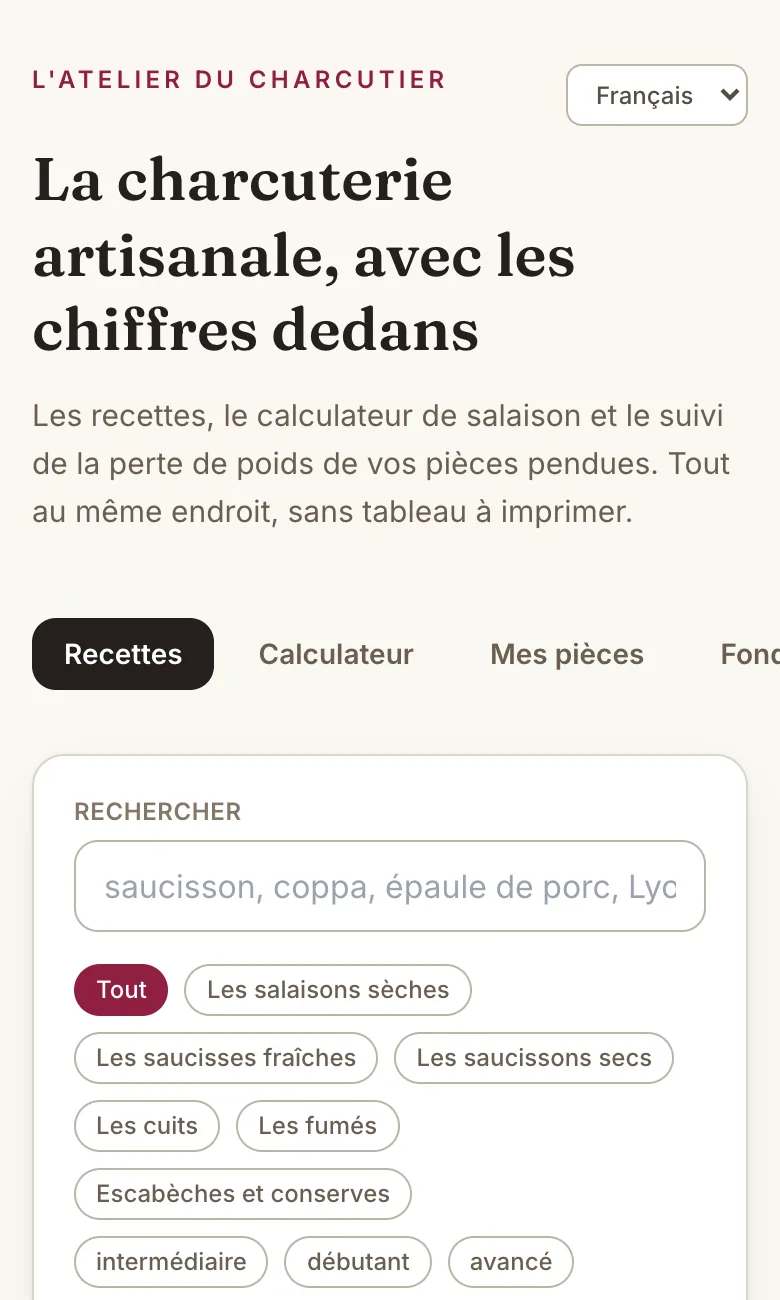 Capture de l'application : Les 22 recettes